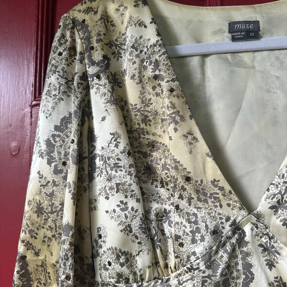 VTG Y2K 2000s Satin Paisley Metallic Midi Dress Sz 12 Fairy Lorelai Gilmore Alt - Picture 4 of 9